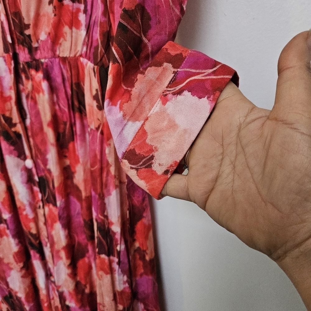 Lemoncurve Sz L Floral Coastal Tiered Flowy Maxi Button DownDress Quater Sleeve - Picture 5 of 16